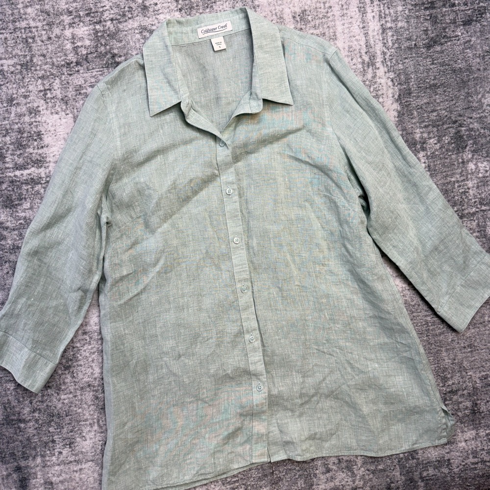 Coldwater Creek Top Women Small Frosty Green Linen Tunic Button Up Coastal Beach